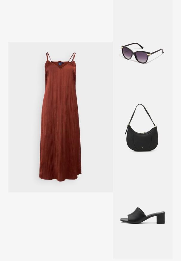 Robe maxi sans manches couleur rouille avec un col en V et un design plissé, fabriquée en tissu doux. Présente des bretelles réglables fines.; Mules à talons carrés en cuir noir avec un bout ouvert, présentant une surface lisse et un upper légèrement courbé pour le confort et le style.; Lunettes de soleil en forme de chat avec une monture en plastique noire, des coins rehaussés de doré et des verres dégradés du violet foncé au violet clair. Texture lisse, design léger.; Sac à main en cuir noir avec une forme courbée, surface texturée, coutures avant et un logo doré. Il est doté d'une seule sangle ajustable.