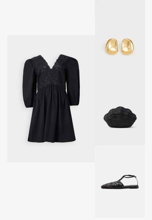 Schwarzes Kleid mit V-Ausschnitt, puffärmel und aufwändig besticktem Mieder. Der Rock ist ausgestellt und hat eine glatte Textur.; Schwarze flache Ledersandale mit geflochtenem geschlossenem Zehenbereich, Knöchelriemen und Schnalle, auf weißem Hintergrund dargestellt.; Schwarze Korbtasche in Muschelform mit gebogenem Oberteil und gewebter Textur auf einfarbigem Hintergrund.; Goldfarbene Ohrstecker mit einer glatten, runden Form und einer reflektierenden Oberfläche, die ein minimalistisches Design ohne sichtbare Muster zeigen.