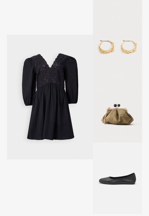 Zwarte jurk met een V-halslijn, pofmouwen en een ingewikkeld geborduurd lijfje. De rok is uitlopend met een zachte textuur.; Zwarte leren ballerina met een ronde neus, gladde textuur, minimale stikdetails en een flexibele zoolontwerp.; Kleine clutch tas met goud-zwart geometrisch patroon, goudkleurig metalen frame, zwarte bolsluiting en een korte gouden kettingband.; Set gouden creolen met sierlijke bloem- en bladreliëf op een neutrale achtergrond.