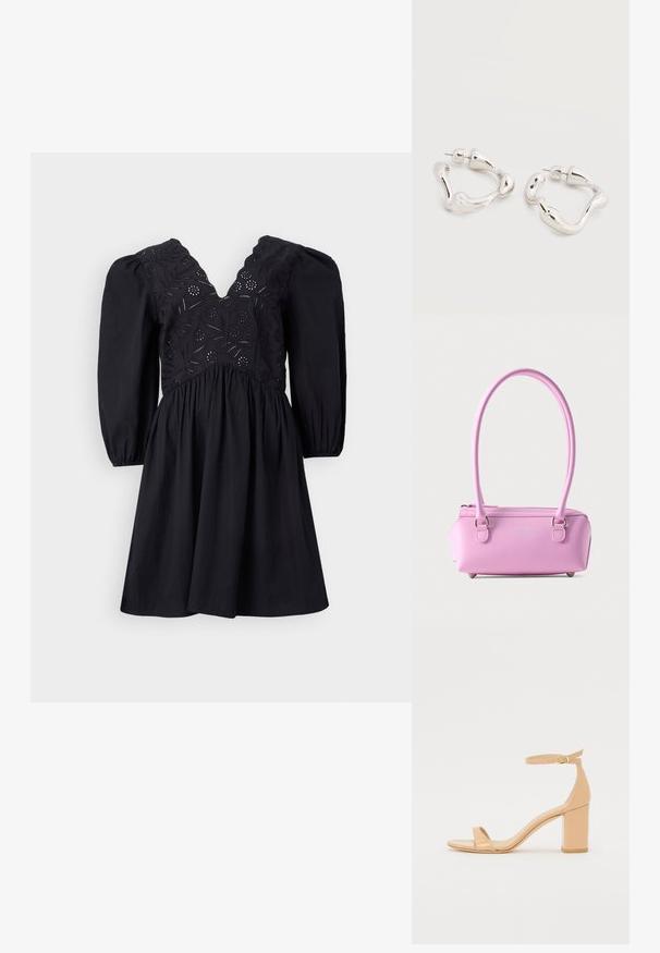 Robe noire avec un décolleté en V, des manches bouffantes et un buste brodé complexe. La jupe est évasée avec une texture lisse.; Sandales à talons en cuir verni nude avec un orteil carré, une sangle à la cheville et un talon bloc chunky. Texture lisse et détails de design minimalistes.; Petit sac à main rectangulaire rose avec longues anses, fermeture éclair et logo en relief discret à l'avant sur fond uni.; Boucles d'oreilles créoles en métal argenté de forme irrégulière avec fermoirs à tige, posées sur une surface blanche unie.