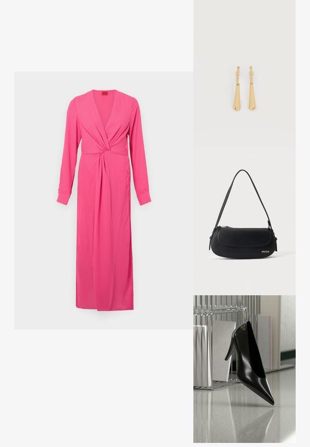 Roze jurk met lange mouwen en een diepe V-hals, met een geplooide twistdetail in de taille en een vloerlange, gestroomlijnde silhoeet. Gladde stoftextuur.; Zwart hooggehakt schoen met puntige neus en gouden logo, geplaatst op een reflecterend oppervlak naast een verchroomde draadordner met documenten.; Zwarte leren schoudertas met gebogen klep, gouden "HUGO" logo aan de voorkant en een enkele verstelbare riem.; Oorbellen in goudkleur met glanzende, langgerekte druppelvormige hangers die aan kleine oorringen hangen, op een witte achtergrond.