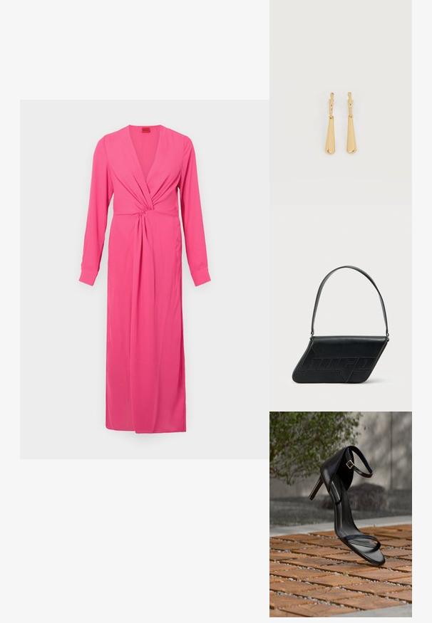 Robe longue à manches longues rose avec un décolleté en V profond, détail de torsion froncé à la taille, et une silhouette épurée jusqu'au sol. Texture de tissu lisse.; Sandale noire à talon haut avec sangle à la cheville, suspendue au-dessus d'un sol en carreaux de bois à l'extérieur, avec un arrière-plan flou de verdure et de pierre.; Sac d'épaule en cuir noir de forme triangulaire, avec un logo embossé et une seule bandoulière réglable. Design minimaliste avec une texture lisse.; Boucles d'oreilles pendantes en ton or avec des pendentifs lisses en forme de goutte allongée suspendus à de petites attaches en forme d'anneau sur un fond blanc.