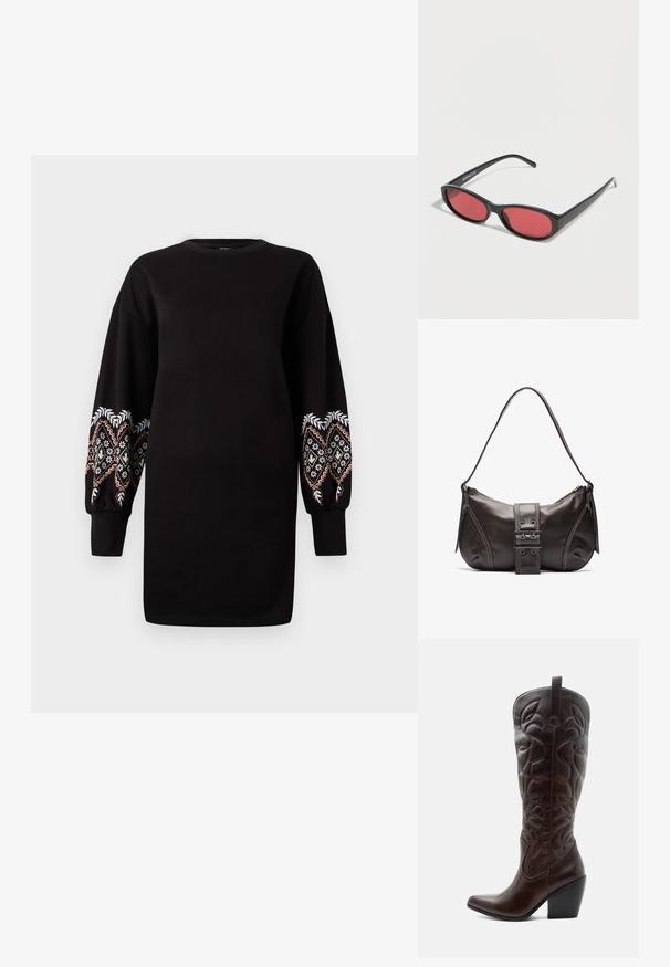 Schwarzes Sweatkleid mit langen, bauschigen Ärmeln, die mit aufwändigen mehrfarbigen Stickereien an den Bündchen verziert sind. Weicher Stoff, Rundhalsausschnitt.; Hoher dunkelbrauner Leder-Cowboystiefel mit gestickten dekorativen Mustern, spitzer Spitze und gestapeltem Blockabsatz.; Schwarze ovale Sonnenbrille mit schlanken Bügeln und rot getönten Gläsern, die auf einer weißen Oberfläche liegt.; Braune Lederumhängetasche mit gebogener Form, die mit einem auffälligen Schnallendetail, kontrastierenden Nähten und einem einzigen Schulterriemen ausgestattet ist.