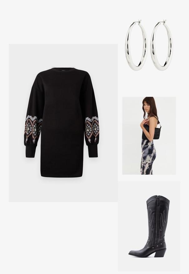 Must must dress, mille pikkade ja puhv-ärkide jaoks, mis sisaldab keerulist mitmevärvilist tikandit varrukaotsadel. Pehme kangas, ümmargune kaelus.; Mustad nahast kauboisaapad terava ninaga, nähtavate õmblustega, hõbedaste naelakujuliste aksessuaaridega ja siseküljel lukuga.; Mustast tepitud õlakotist, millel on üks rihm ja hõbedane riistvara, koos mustri ja koorevärvi triibulise kleidiga, mis on kehakujuline.; Hõbedased rõngasKõrvarõngad, millel on sile ja peegeldav pind. Ümara, suure kujuga ja ülemises osas turvalise klambriga. Poleeritud viimistlus toob esile sära.