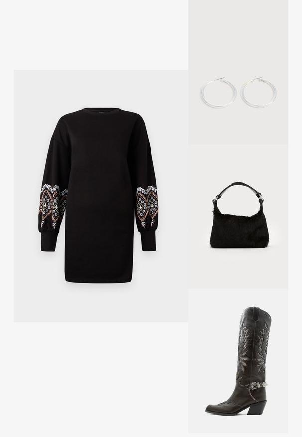 Vestido sudadera negro con mangas largas abullonadas que presentan un intrincado bordado multicolor en los puños. Tela suave, escote redondo.; Bota cowboy de cuero negro con recortes decorativos, hebilla plateada y tacón inclinado, presentada sobre fondo blanco.; Bolso de mano de piel sintética negra con una textura suave, forma redondeada y una resistente correa de cuero negro para el hombro. Acentos de herrajes plateados visibles.; Pareja de pendientes de aro plateados brillantes con cierres de alambre delgado, mostrados sobre un fondo gris claro.