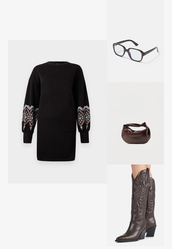 Vestido sudadera negro con mangas largas abullonadas que presentan un intrincado bordado multicolor en los puños. Tela suave, escote redondo.; Botas vaqueras de cuero marrón oscuro hasta la rodilla con punteras puntiagudas, costuras decorativas y tacones en bloque inclinados, usadas por una persona.; Gafas rectangulares de carey con lentes transparentes, que presentan montura gruesa, detalles dorados y un diseño elegante.; Bolso de hombro de cuero marrón oscuro con una forma suave y caída, y un asa con nudo torcido sobre un fondo blanco liso.