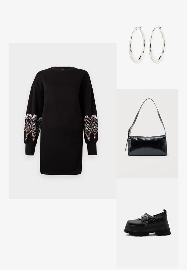 Zwarte sweatshirtjurk met lange, pofmouwen en ingewikkelde meerkleurige borduursels op de manchetten. Zachte stof, ronde halslijn.; Zwarte stevige platform Mary Jane schoen met dikke profielzool, decoratieve zilveren gesp en verstelbare band op effen witte achtergrond.; Zwarte rechthoekige schoudertas met een enkele verstelbare band en een bovenste ritssluiting op een effen achtergrond.; Zilveren oorbellen in de vorm van een gladde, glanzende ring. Circulaire vorm, voorzien van een veilige sluiting. Eenvoudig en elegant ontwerp.