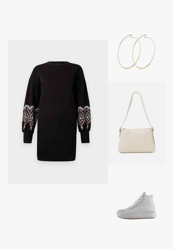 Zwarte sweatshirtjurk met lange, pofmouwen en ingewikkelde meerkleurige borduursels op de manchetten. Zachte stof, ronde halslijn.; Witte hoge canvas sneaker met witte veters, metalen oogjes, dikke rubberen zool en gestructureerde neuskap, naar links gericht op een witte achtergrond.; Beige schoudertas van glad leer met een ritsluiting. Kenmerkt zich door een eenvoudig ontwerp, een slanke schouderband en metalen hardwareaccenten.; Pilgrim Oorbellen - gold-coloured