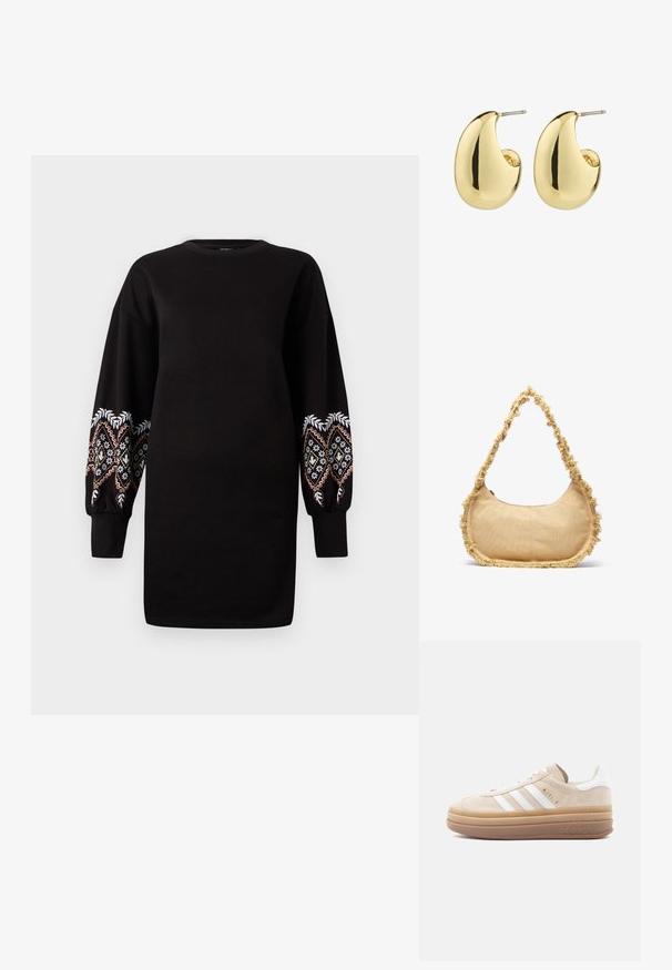 Zwarte sweatshirtjurk met lange, pofmouwen en ingewikkelde meerkleurige borduursels op de manchetten. Zachte stof, ronde halslijn.; Beige suède sneaker met witte leren accenten, voorzien van drie witte strepen, een gouden logo en een dikke, doorschijnende rubberen zool.; Geverfde beige tas met een ronde vorm, rafelige rand langs de randen en een korte schouderband. Ritsopening aan de bovenkant.; Gouden studs met een gladde, gepolijste afwerking, in een abstracte, druppelvorm. Eenvoudige metalen achterzijde voor bevestiging.