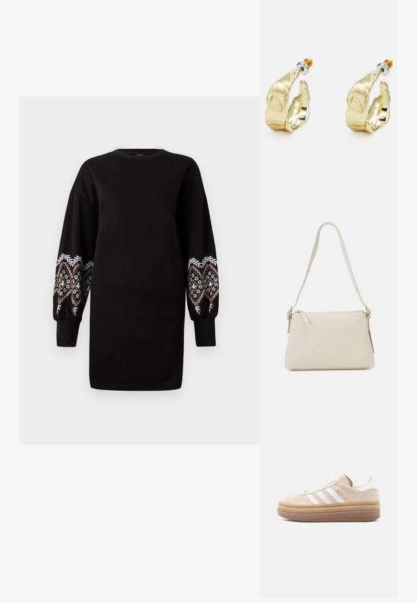Schwarzes Sweatkleid mit langen, bauschigen Ärmeln, die mit aufwändigen mehrfarbigen Stickereien an den Bündchen verziert sind. Weicher Stoff, Rundhalsausschnitt.; Beige Wildleder-Sneaker mit weißen Lederakzenten, versehen mit drei weißen Streifen, einem goldenen Logo und einer dicken, durchsichtigen Gummisohle.; Beige Schultertasche aus glattem Leder mit Reißverschluss. Hat ein einfaches Design, einen schmalen Schultergurt und Metallakzente.; Goldfarbene Ohrringe in Form abstrakter Hände, mit einer glänzenden Oberfläche, filigranen Details und einem Silber- und Goldstift für sicheren Halt.