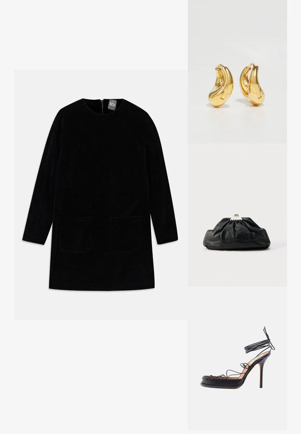 Robe en velours côtelé noir avec des manches longues, un col montant et deux poches avant. Dispose d'une fermeture éclair au dos et d'un tissu texturé.; Sandale noire à talon haut avec des fines lanières en cuir entourant le pied et la cheville, dotée d'un talon aigu en forme de stiletto.; Pochette en cuir noir avec une texture plissée, fermeture à fermoir métallique, et logo embossé discret sur le devant. Forme arrondie.; Boucles d'oreilles en or en forme de d'anneaux lisses et courbés avec une finition polie. Équipées d'un mécanisme de fermeture et de légères indentations pour le détail.