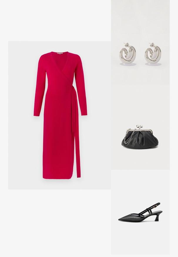 Diane von Furstenberg ASTRID WRAP DRESS - Φόρεμα ημέρας - pink; Μαύρο γυναικείο παπούτσι slingback με μυτερή μύτη, επάνω μέρος από δίχτυ, λεπτά λουράκια, χρυσή αγκράφα και χαμηλό, καμπυλωτό τακούνι σε λευκό φόντο.; Μαύρο δερμάτινο πορτοφολάκι με μα gathered υφή, μεταλλικό πλαίσιο σε ασημί απόχρωση, κλείσιμο τύπου kiss-lock και αλυσίδα. Λείο, απαλό επιφάνεια.; Ασημένια σκουλαρίκια με κυματιστό σχέδιο, διαθέτοντας λεία επιφάνεια και γυαλιστερό φινίρισμα, ασφαλισμένα με κούμπωμα πεταλούδας.