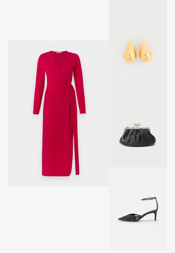 Diane von Furstenberg ASTRID WRAP DRESS - Päevakleit - pink; Must mustaharjal süngeteisega kingad, millel on terav varvas, avatud küljed ja õhuke pahkluuring, kus on väike kuldne detail.; Musthave musta nahast käekott, millel on volditud tekstuur, hõbedane metallraam, lukustatud sulgemismehhanism ja kett. Sile ja pehme pind.; Kullatud tilgakujulised kõrvarõngad, millel on sile ja poleeritud pind ning ümarad alumised osad, peegeldades valgust läikiva viimistlusega.