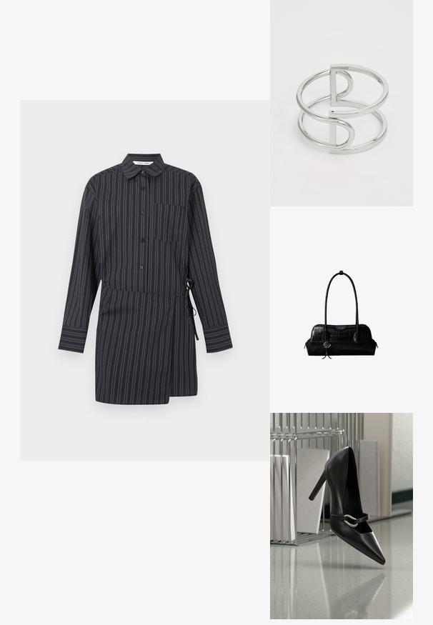 Robe chemise à rayures noires et blanches, manches longues, col, fermeture à boutons sur le devant, une poche poitrine unique, et ceinture ajustable à la taille.; Chaussure à talon haut noire pointue avec une bride à boucle argentée, placée sur une surface réfléchissante près d’un organiseur métallique contenant des papiers.; Sac à épaule en cuir noir à texture crocodile, avec de longues sangles et un petit charm logo argenté sur une sangle.; Bracelet en métal argenté avec un design à double boucle, fini lisse et brillant, et un accent géométrique minimaliste.