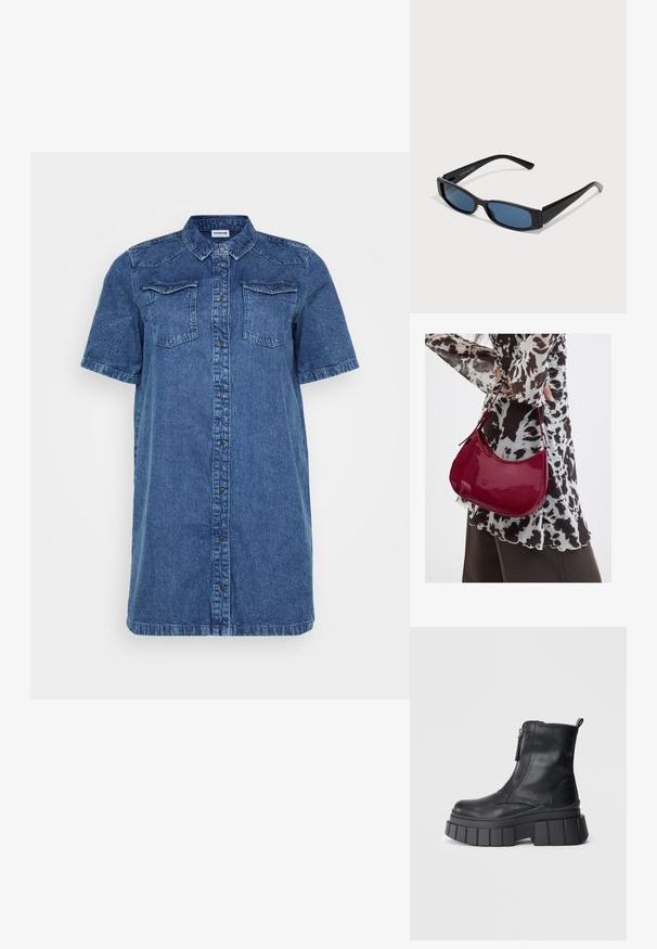 Denim skjortekjole i mørkeblå, med korte ærmer, to brystlommer, knaplukning foran og lige snit.; Sorte læder ankelstøvler med chunky rillede platformsåler og lynlås i siden, vist på en neutral grå baggrund.; Sorte solbriller med en slank rektangulær ramme og blå linser. Har en glat overflade og robuste stænger. Mærkets logo på siden.; Kvinde iført en sort- og hvidmønstret bluse, der holder en blank rød skuldertaske mod en ensfarvet baggrund.