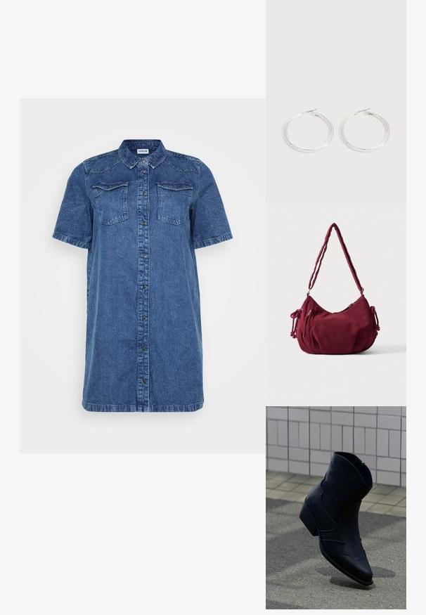 Denim shirt jurk in donkerblauw, met korte mouwen, twee borstzakken, een knoopsluiting aan de voorkant en een rechte snit.; Zwarte leren enkellaars met lage hak, decoratieve stiksels en puntige neus, rechtop geplaatst op een betegelde ondergrond naast een betegelde muur.; Zachte kastanjebruine corduroy schoudertas met verstelbare band, ritssluiting, zijstrikjes en een voorvak met rits.; Een paar glanzende zilveren oorringen met dunne draadafsluitingen, getoond op een lichtgrijze achtergrond.