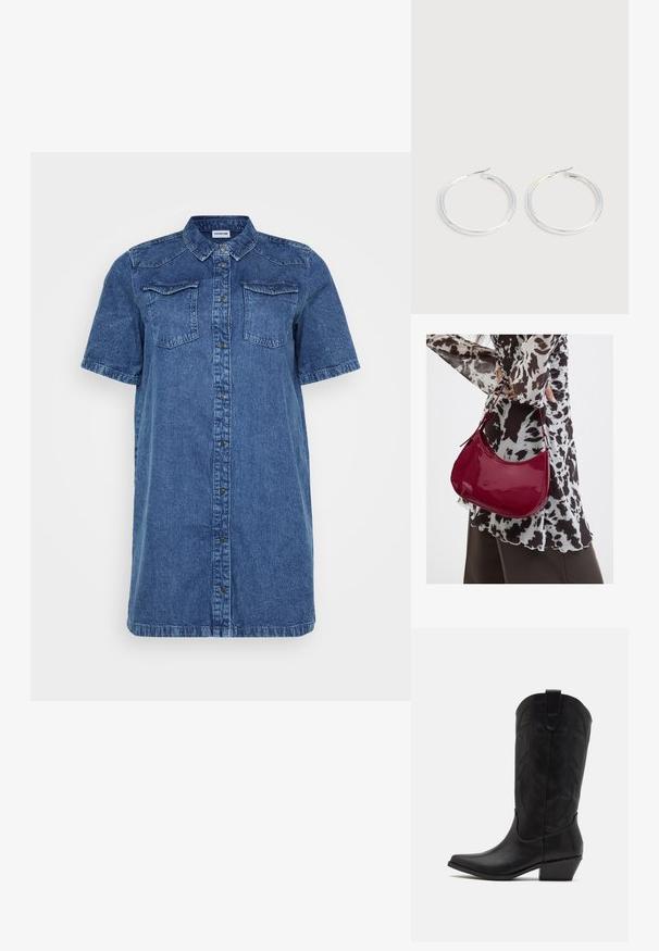 Denim shirt jurk in donkerblauw, met korte mouwen, twee borstzakken, een knoopsluiting aan de voorkant en een rechte snit.; Zwarte leren cowboylaars met spitse neus, lage gestapelde hak en een ingewikkeld geïmbossieerd bladerenpatroon op de schacht. Lus aan de bovenkant voor eenvoudig aantrekken.; Vrouw met een zwart-wit gebloemde blouse houdt een glanzende rode schoudertas vast tegen een effen achtergrond.; Een paar glanzende zilveren oorringen met dunne draadafsluitingen, getoond op een lichtgrijze achtergrond.