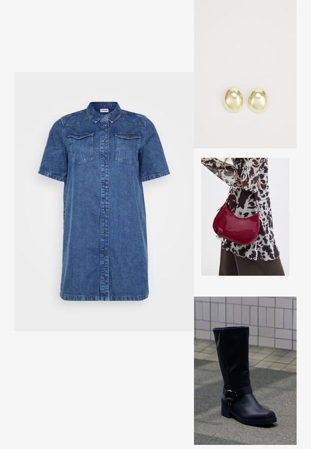 Denim skjortekjole i mørkeblå, med korte ærmer, to brystlommer, knaplukning foran og lige snit.; Sort læderstøvle midt på læggen med lav blokhæle og en dekorativ rem med metal spænde rundt om anklen, på en flisebelagt fortov.; Kvinde iført en sort- og hvidmønstret bluse, der holder en blank rød skuldertaske mod en ensfarvet baggrund.; Guldtonede metalstudøreringe med en glat, rund form og poleret overflade. Simpelt design uden yderligere dekorationer.