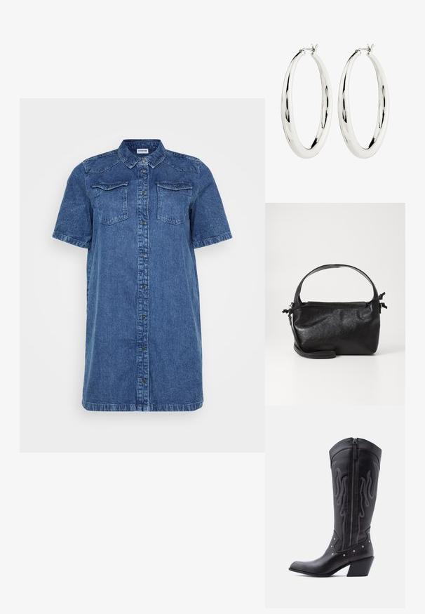 Denim skjortekjole i mørkeblå, med korte ærmer, to brystlommer, knaplukning foran og lige snit.; Sorte cowboystøvler i læder med spids tå, synlige sømme, sølvfarvede nitte-detaljer og lynlås på den indvendige side.; Sort læderhåndtaske med et struktureret design, rund tophåndtag og aftagelig skulderrem. Den har en glat tekstur og en subtil glans.; Sølv hoops øreringe med en glat, reflekterende overflade. Rund, stor form med en sikker lås øverst. Den polerede finish fremhæver glansen.
