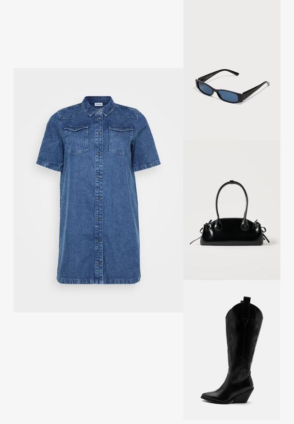 Denim shirt jurk in donkerblauw, met korte mouwen, twee borstzakken, een knoopsluiting aan de voorkant en een rechte snit.; Zwarte leren cowboylaars met puntige neus, schuine blokhak, decoratieve stiksels en aantreklusjes bovenaan tegen een witte achtergrond.; Zwarte zonnebril met een slank rechthoekig frame en blauwe lenzen. Heeft een gladde textuur en stevige pootjes. Merklogo aan de zijkant.; Kleine zwarte glanzende handtas met twee lange hengsels en zijkant trekkoord details op een effen lichte achtergrond.