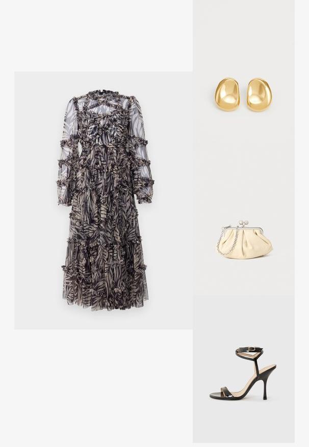 Vestido maxi con una tela semitransparente en negro y beige con un patrón de hojas. Acentos con volantes por todas partes y mangas largas abullonadas.; Sandalia de tacón alto de charol negro con tira delgada en el tobillo y hebilla, punta abierta y tacón aguja esbelto sobre fondo blanco.; Clutch de cuero beige plisado con un marco de metal plateado, que cuenta con dos broches decorativos redondos y una correa de cadena plateada.; Pendientes de studs en color dorado con una forma suave y redondeada y una superficie reflectante, que exhiben un diseño minimalista y sin patrones visibles.
