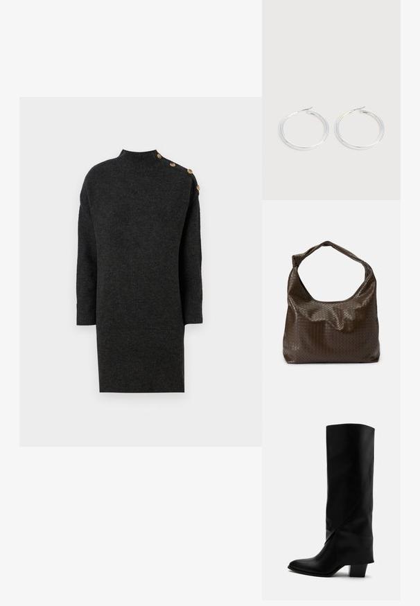 Robe pull tricotée gris foncé avec un col haut, des manches trois-quarts et des boutons décoratifs dorés sur une épaule. Texture lisse.; Botte haute en cuir noir avec couture inclinée, bout pointu et talon épais de taille moyenne sur fond blanc.; Sac en cuir tressé marron avec une forme souple, une anse unique et une surface texturée. Il présente une finition douce et brillante ainsi que des bords arrondis.; Paire de boucles d'oreilles créoles argentées brillantes avec fermoirs en fil fin, présentée sur un fond gris clair.