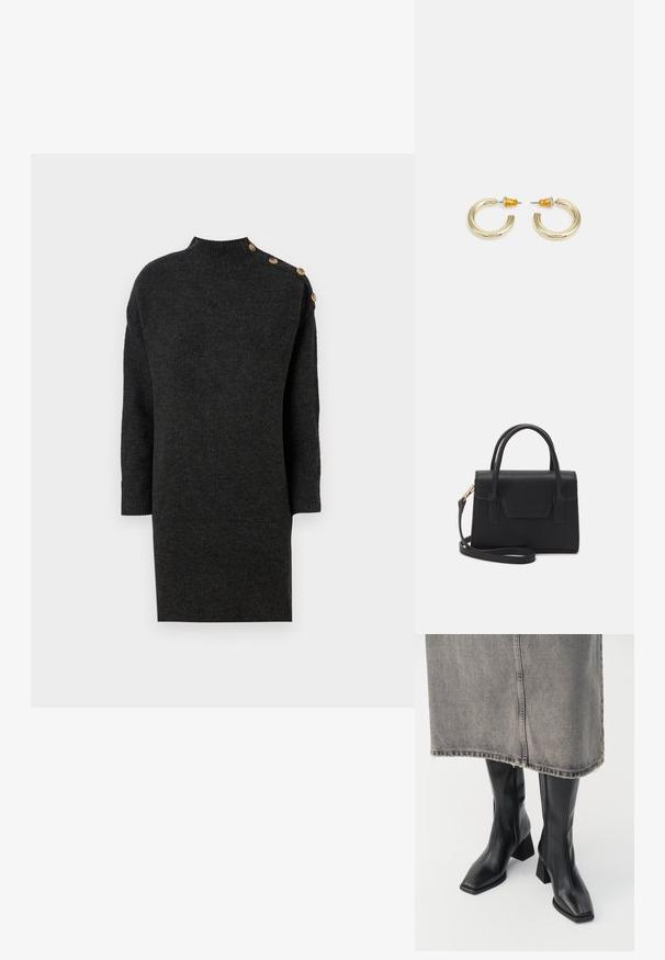 Robe pull tricotée gris foncé avec un col haut, des manches trois-quarts et des boutons décoratifs dorés sur une épaule. Texture lisse.; Bottes noires montantes en cuir lisse avec un bout carré et un talon bloc. Portées avec une jupe en denim grise à l'ourlet effiloché.; Sac à main structuré noir en cuir avec une poignée supérieure, une bandoulière détachable et un détail à rabat à l'avant. Accents en matériel doré.; Boucles d'oreilles en métal doré en forme d'anneau, avec une finition lisse et arrondie. Elles possèdent des accents orange à l'arrière pour un maintien sécurisé.