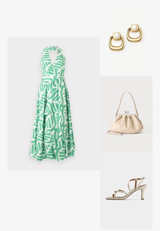 Groene en witte halterjurk met een wikkelontwerp, een aansluitend lijfje en een lange rok met een bladerenpatroon en een ceintuur in de taille.; Beige hoge hak sandal met dunne bandjes die over de voet kruisen en een kleine gouden decoratieve bol vlak bij de teengebied.; Beige zachte leren handtas met een zilveren metalen frame sluiting, een enkele schouderriem en een optionele kettingriem op een witte achtergrond.; Oorbellen in goudkleur met vierkante bovenkant, voorzien van grote witte parels en dikke, afgeronde, open vierkante cirkels eronder.
