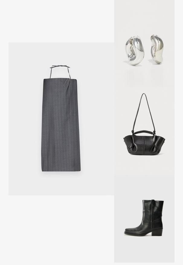Hallide hall stripe'd apron sirge lõikega, millel on kaela rihm ja dekoratiivne paberklambri aksessuaar ees. Sile kangastekstuur.; Musta nahast pahkluu saabas ümarate varvastega, plokknäppu, külgsepa ja pealsetel õmblusest aktsentidega. Sile tekstuur, klassikaline disain.; Must have mustel mingi nahast käekott tekstureeritud pinna, pehmed voltid, kahekordne sang ja kootud käepideme detailid. Kompaktne, avatud ülaosaga disain.; Hõbedased skulpturaalsed kõrvarõngad, millel on siledad, kaarekujulised vormid ja peegeldavad pinnad. Omavad suletud rõnga disaini ja eristuvat orgaanilist kuju.