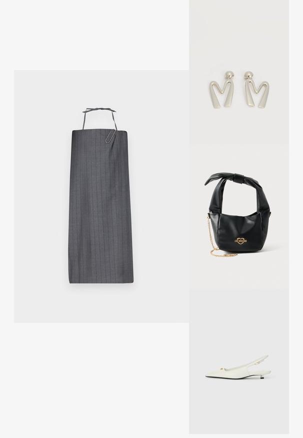 Grå stribet forkle med lige snit, der har en nakkestrop og et dekorativt papirklips på forsiden. Glat stofstruktur.; Hvide læder slingback-sko med spidse tå, guld hardware-detaljer og en lav blokhæle. Glat tekstur med udsnit detaljer.; Sort blød læder Love Moschino håndtaske med knyttet håndtag og guldkæde-strop på hvid baggrund.; Par sølvtonede metaleøreringe formet som den kantede bogstav M med runde fester på en hvid baggrund.