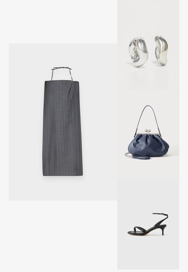 Hallide hall stripe'd apron sirge lõikega, millel on kaela rihm ja dekoratiivne paberklambri aksessuaar ees. Sile kangastekstuur.; Mustast nahast naiste sandaal õhukeste rihmadega, varbaringi, pahkluu pandlaga ja keskmise kõrgusega kitsekontsaga neutraalsel taustal.; Pehme tumesinine nahast käekott hõbedase klambriga, ühe õlarihmaga ja eemaldatava ketiga randmerihmaga valgel taustal.; Hõbedased skulpturaalsed kõrvarõngad, millel on siledad, kaarekujulised vormid ja peegeldavad pinnad. Omavad suletud rõnga disaini ja eristuvat orgaanilist kuju.