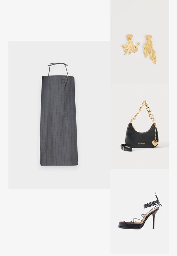 Hallide hall stripe'd apron sirge lõikega, millel on kaela rihm ja dekoratiivne paberklambri aksessuaar ees. Sile kangastekstuur.; Must ülikõrge kontsaga sandaal, millel on õhukesed nahast rihmad, mis mähivad ümber jala ja pahkluude, ning terav stiletokontsa kuju.; Must Moschino käekott paksu kuldse kettaga käepideme, õlarihma ja kuldse südamekujuga ripatsiga valgel taustal.; Kullatooni kõrvarõngad, üks kujuga nagu ahv, kes hoiab ringe, teine tekstuurse ovaalse lehe disainiga.