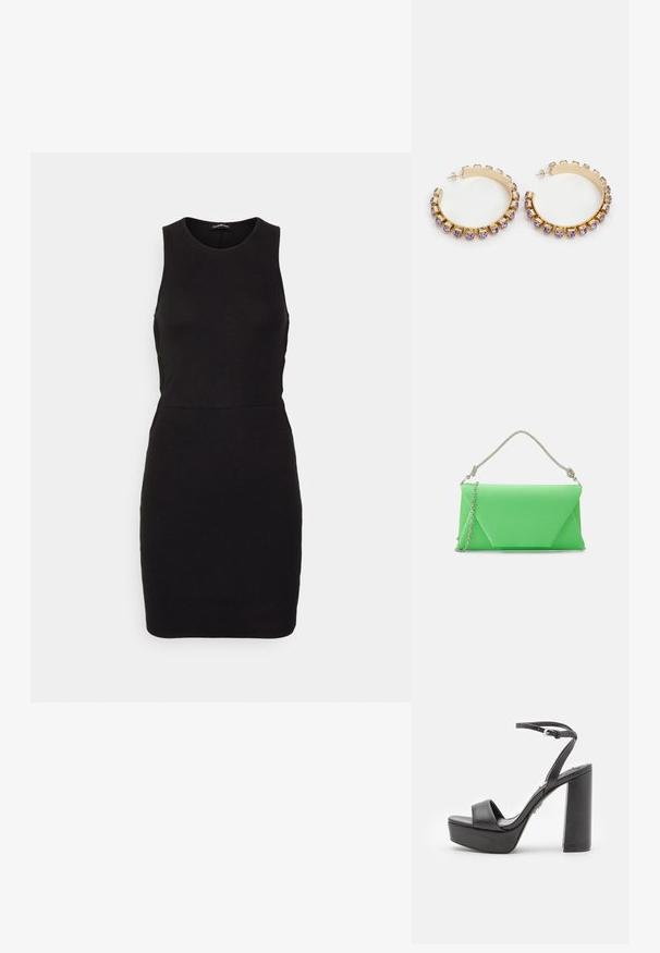 Even&Odd by Zalando Φόρεμα σε ίσια γραμμή - black; Μαύρες πλατφόρμες ψηλοτάκουνες σανδάλες με ανοιχτό toe, φαρδιά εμπρόσθια λωρίδα και ρυθμιζόμενη λωρίδα στον αστράγαλο. Λείο φινίρισμα δέρματος και χοντρός μπλοκ τακούνι.; Mascara CB61156 - Τσαντάκι - apple; Pieces PCSUINA HOOP - Σκουλαρίκια - gold-coloured