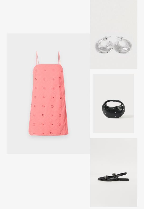 Koralliroosa suvine kleit õhukeste rihmadega, millel on tikitud lillemustrid ja tekstureeritud kangas. Lõige on lõdva A-liini kujuga.; Even&Odd by Zalando Kannarihmaga baleriinad - black; Mustast nahast ümmarguse kujuga käekott, kaunistatud hõbedaste naeladega, lühikese sangaga. Sile tekstuur ja tõmblukuga sulgemine.; Paari poleeritud hõbedast kuusnurksete rõngaste kõrvarõngaid, selgete plastist tagustega valgel pinnal.