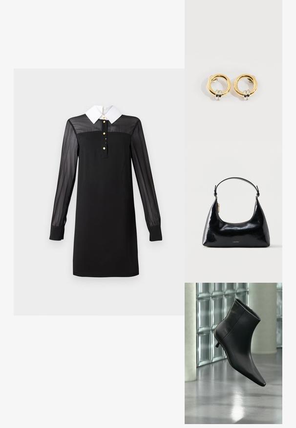 Schwarzes Kleid mit einem weißen Kragen, langen transparenten Ärmeln, Knopfleiste mit goldenen Knöpfen und einer taillierten Silhouette. Glatte Textur über das gesamte Kleid.; Schwarzer Leder-Stiefelette mit spitzer Zehenpartie und niedrigem Kitten-Heel, schräg dargestellt vor einem polierten Boden und einer Glasbausteinwand.; Schwarze, glänzende Calvin Klein Handtasche mit goldfarbenem Reißverschluss und kurzem Trageriemen vor schlichtem weißem Hintergrund.; Goldene runde Ohrringe mit jeweils zwei kleinen silbernen Ringen, die dezent gravierte Markennamen zeigen, vor weißem Hintergrund platziert.