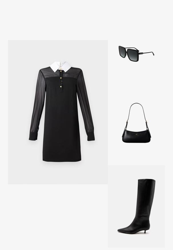 Schwarzes Kleid mit einem weißen Kragen, langen transparenten Ärmeln, Knopfleiste mit goldenen Knöpfen und einer taillierten Silhouette. Glatte Textur über das gesamte Kleid.; Schwarzer kniehoher Lederstiefel mit spitz zulaufender Schuhspitze und niedrigem Kittenabsatz vor einem schlichten hellen Hintergrund.; Schwarze, übergroße Sonnenbrille mit quadratischem Gestell, gradienten, dunklen Gläsern und schlanken Bügeln, die auf einer Seite mit einem Logo-Detail versehen sind.; Schwarze kleine Lederschultertasche mit dünnem Riemen und kleinem goldenem CK-Logo auf der Vorderseite in der Mitte.