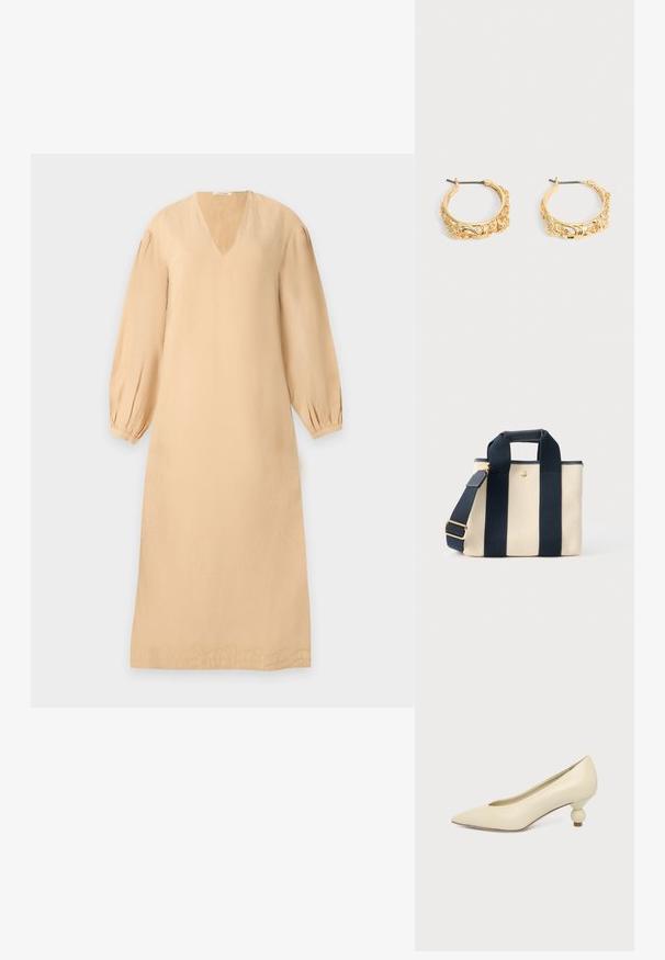 Beige long-sleeve midi dress with V-neck, gathered cuffs, and subtle embroidered detail along the hem on a light background.; Cream-colored women's pointed-toe low heel shoe with a round, ball-shaped heel on a plain background.; Small beige canvas tote bag with two wide black vertical straps, short handle, and adjustable shoulder strap with gold buckle.; Pair of gold-tone hoop earrings with ornate floral and leaf embossing on a neutral background.