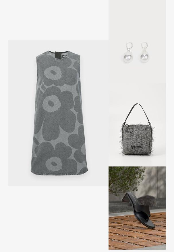 Mouwloze jurk in grijze denim met grote donkergrijze bloemmotieven. Ronde halslijn met een keyhole opening op de rug en een rechte pasvorm.; Zwarte Calvin Klein sandaal met hak en teenlus op een houten tegelvloer buiten, nabij een boom en een stenen muur.; Geweven zwart-witte visgraat tas met franje randen, voorzien van een dunne schouderband en een logo aan de voorkant.; Zilveren druppeloorbellen met gladde, ronde, reflecterende oppervlakken die hangen aan klapring-sluitingen. Achtergrond is puur wit.