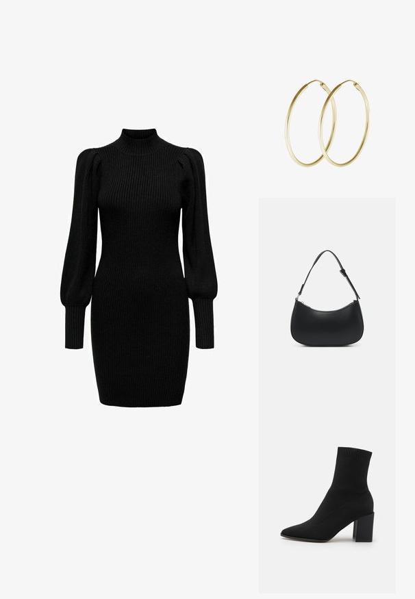 Vestido negro de punto con cuello alto, mangas largas abullonadas y textura de canalé. Silueta ajustada, llegando hasta la mitad del muslo. Sin patrones o acentos visibles.; Botín negro de tobillo hecho de tejido elástico, con punta afilada y tacón cuadrado, con ribetes en la parte superior.; Pieces PCALUANA SHOULDER BAG - Bolso de mano - black; Pendientes de aro de oro con un diseño suave y redondeado y un acabado brillante. Construcción ligera con un cierre de broche seguro.
