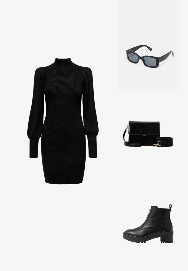 Schwarzes Strickkleid mit hohem Kragen, langen Puffärmeln und gerippter Textur. Enganliegende Form, die bis zur Mitte des Oberschenkels reicht. Keine sichtbaren Muster oder Akzente.; Schwarze Leder-Ankle-Boots mit einem seitlichen Reißverschluss, robustem schwarzen Absatz und strukturiertem Sohlen für besseren Halt. Glatte Oberfläche mit minimalen Akzenten.; Schwarze rechteckige Sonnenbrille mit dunkel getönten Gläsern, dickem Kunstrahmen und breiten Bügeln. Glatte Oberfläche und kantiges Design.; Schwarze Umhängetasche aus Kunstleder mit Krokodilmuster, goldenen Beschlägen und einem abnehmbaren Tragegurt. Verfügt über einen Klappenverschluss und ein Innenfach.