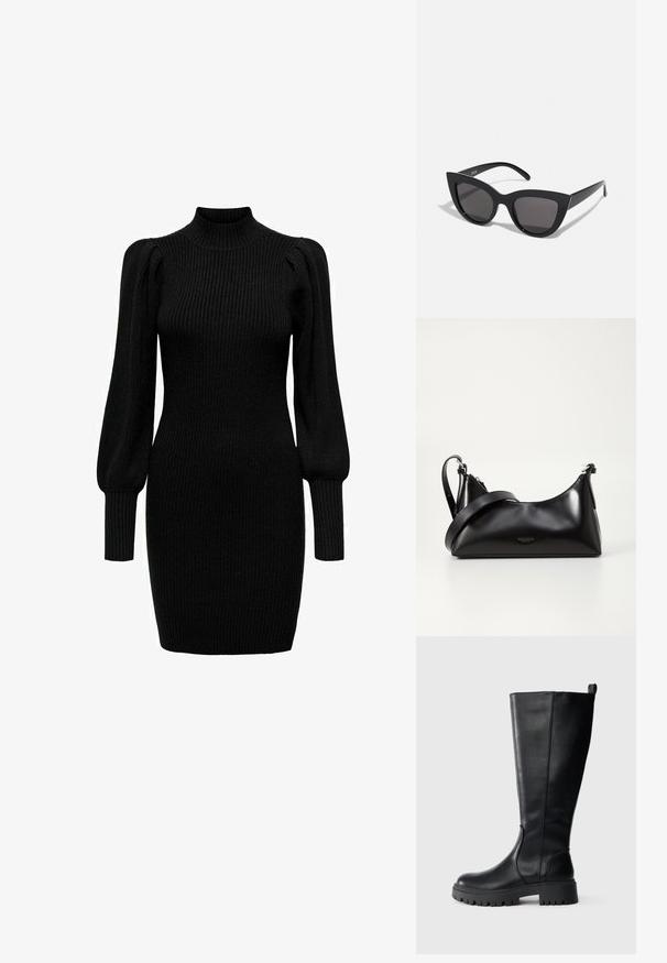 Robe en tricot noire avec un col montant, de longues manches bouffantes et une texture côtelée. Forme ajustée, atteignant le milieu de la cuisse. Aucun motif ni accent visible.; Botte haute en cuir noir avec un bout arrondi, une semelle en caoutchouc robuste et des détails de couture subtils. Elle dispose d'une languette en haut pour un enfilage facile.; Lunettes de soleil noires en forme d'œil de chat avec une finition mate, dotées de verres teintés gris, d'angles aigus et de branches élégantes. Nom de la marque visible sur la branche intérieure.; Sac à main en cuir noir avec une texture lisse. Dispose d'une bandoulière adjustable et d'un design élégant et minimaliste avec une fermeture éclair.
