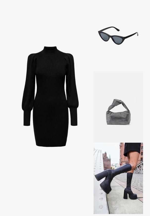 Robe en tricot noire avec un col montant, de longues manches bouffantes et une texture côtelée. Forme ajustée, atteignant le milieu de la cuisse. Aucun motif ni accent visible.; Bottes noires à plateforme montantes en cuir lisse, avec des talons carrés épais et un design élégant, le tout sur fond urbain.; Lunettes de soleil noires en forme d'œil de chat avec des verres gris foncé, monture en plastique élégante, coins pointus et branches droites. Pas de métal visible ni d'accents.; Sac à main noir et argent avec une surface texturée affichant un motif en diamant, une anse nouée et une forme structurée.