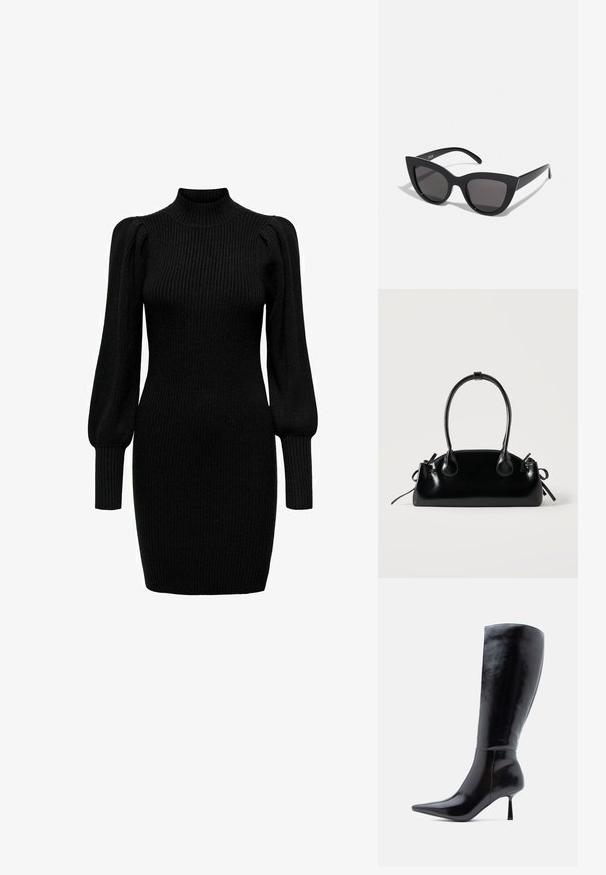 Robe en tricot noire avec un col montant, de longues manches bouffantes et une texture côtelée. Forme ajustée, atteignant le milieu de la cuisse. Aucun motif ni accent visible.; Bottes noires à talons aiguilles montantes, avec une finition en cuir brillant, un bout pointu et un talon effilé, présentant une surface lisse et un design élégant.; Lunettes de soleil noires en forme d'œil de chat avec une finition mate, dotées de verres teintés gris, d'angles aigus et de branches élégantes. Nom de la marque visible sur la branche intérieure.; Petit sac à main noir brillant avec deux longues anses et des détails à cordon sur les côtés sur un fond clair uni.