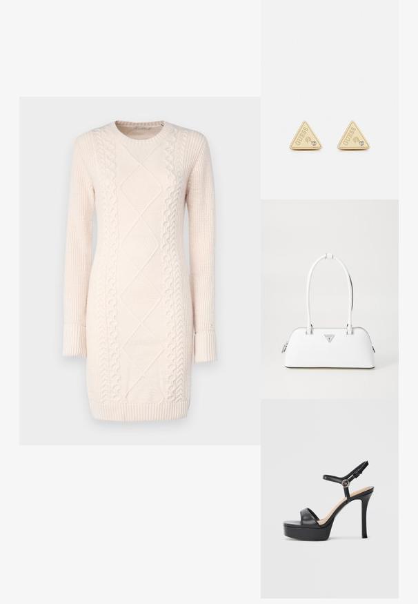 Strikket sweaterkjole i lyserød med teksturerede mønstre, rund halsudskæring, lange ærmer samt ribbede manchetter og kant.; Sorte platformsandaler med høj stiletthæl, der har en glat læderoverdel, peep toe-design og en justerbar ankelrem med metalbeslag.; Hvid lædertaske med en buet form, der har et sølvtrapezlogo og lynlåslukning. Glat tekstur og dobbelthåndtag.; Guess PARTY - Øreringe - gold-coloured