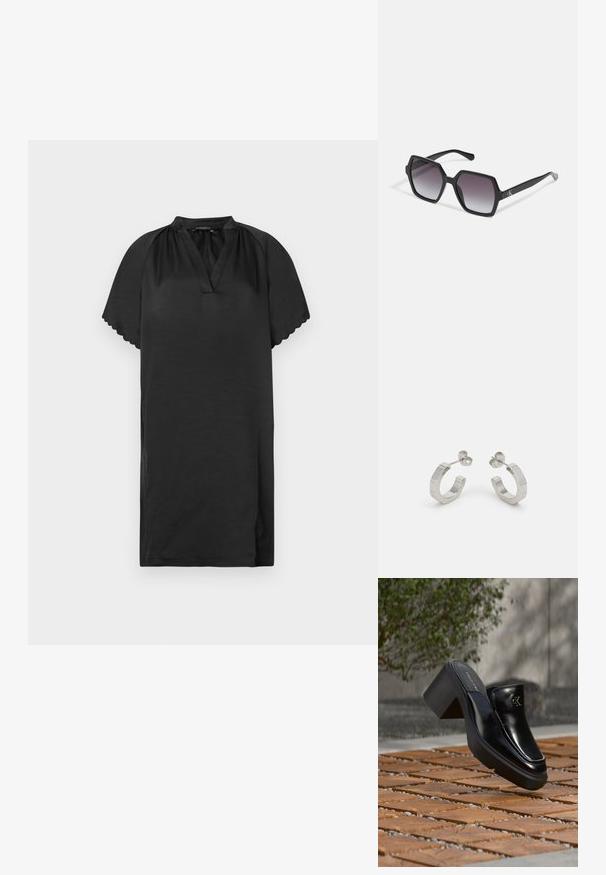 Lühike must kleit pehmest kangast, millel on V-kaelus ja lainelised käsivarre ääred. Disainile on iseloomulik lihtne, vabalt langev siluett.; Mustast nahast Calvin Kleini slip-on mules, millel on plokk-konts, toetub puitplaatidele õues, lähedal rohelisele taimele ja hallile seinale.; Mustad kuuekülgsed prillid gradueeritud läätsedega, millel on läikiv viimistlus ja peene bränding põlvel. Vastupidav plastikust konstruktsioon.; Hõbedased metallist rõngakõrvarõngad tekstureeritud kujundusega, millel on väike kinnituskate ja bränding ühel rõngal. Ümar kuju ja poleeritud viimistlus.