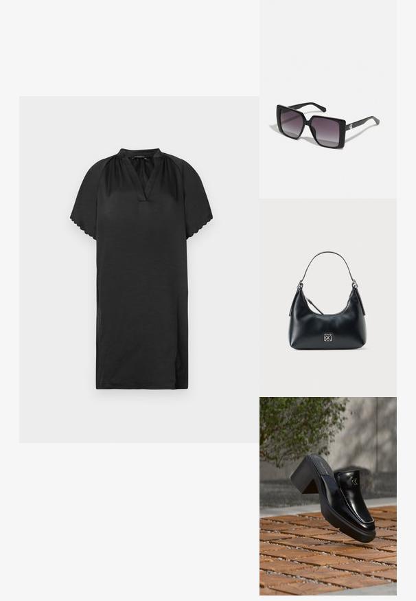 Klein schwarzes Kleid aus weichem Stoff mit V-Ausschnitt und geschwungenen Ärmelkanten. Das Design zeichnet sich durch eine schlichte, lockere Passform aus.; Schwarze Leder-Slip-on-Mule von Calvin Klein mit Blockabsatz, die auf Holzfliesen im Freien nahe einer grünen Pflanze und einer grauen Wand ruht.; Schwarze quadratische Sonnenbrillen mit grauen Verlaufslinsen. Glänzende Rahmen mit klaren Linien. Silbernes Logo-Detail an den Schläfen.; Schwarze Leder-Schultertasche mit einem einzelnen Griff, Reißverschluss und einem kleinen quadratischen silbernen Logo auf der Vorderseite.