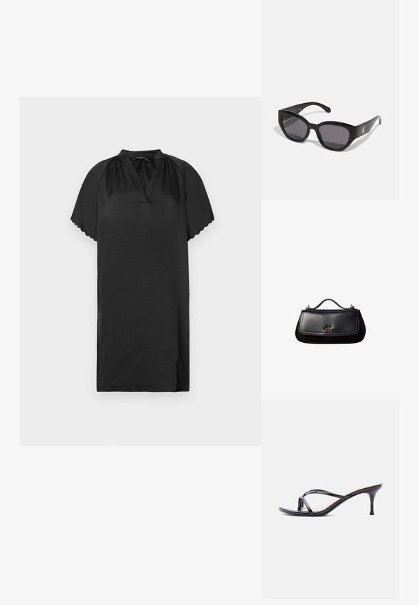 Klein schwarzes Kleid aus weichem Stoff mit V-Ausschnitt und geschwungenen Ärmelkanten. Das Design zeichnet sich durch eine schlichte, lockere Passform aus.; Schwarze Peeptoe-Sandale aus Lackleder mit dünnen, gekreuzten Riemen und einem schlanken, mittelhohen Stilettoabsatz vor weißem Hintergrund.; Schwarze Sonnenbrille mit einem schlanken, kantigen Design, dunklen Gläsern und einem kontrastierenden silbernen Logo an der Seite. Glatte Kunststoffoberfläche.; Schwarze Lederhandtasche mit kleinem Griff, goldfarbenem "cK" Logo auf der Frontklappe und goldfarbenen Hardware-Akzenten.
