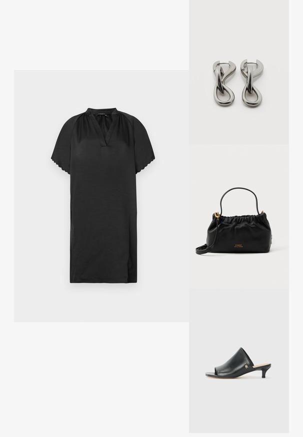 Klein schwarzes Kleid aus weichem Stoff mit V-Ausschnitt und geschwungenen Ärmelkanten. Das Design zeichnet sich durch eine schlichte, lockere Passform aus.; Schwarze Leder-Pantoletten mit offenen Zehen und niedrigem Absatz. Sie verfügen über eine glatte Oberfläche und ein goldenes Logo-Detail an der Seite.; Schwarze Lederhandtasche mit gerafftem Oberteil, einem kurzen Griff und einem abnehmbaren Schulterriemen. Verfügt über ein goldfarbenes Logo-Accessoire und eine glatte Textur.; Paar silberfarbene Metallohrringe mit abstraktem ineinandergreifendem Schlaufen-Design auf weißem Hintergrund.