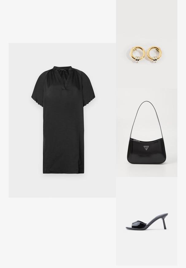 Vestido negro corto hecho de una tela suave con escote en V y bordes de las mangas con forma de concha. El diseño presenta una silueta simple y holgada.; Sandalias de tacón con punta abierta de charol negro, con un diseño superior curvado y tacón de aguja cónico. Acabado liso y brillante.; Bolso de hombro de charol negro con forma curva, que presenta un logotipo triangular plateado y un cierre de cremallera. Textura suave y correa delgada.; Pendientes circulares de oro con dos pequeños anillos de plata en cada uno, que muestran detalles sutiles del nombre de la marca grabado, colocados sobre un fondo blanco.