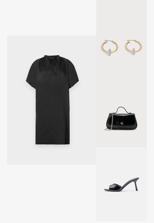 Klein schwarzes Kleid aus weichem Stoff mit V-Ausschnitt und geschwungenen Ärmelkanten. Das Design zeichnet sich durch eine schlichte, lockere Passform aus.; Schwarze Sandalen mit Absatz aus Lackleder, offenem Zehenbereich, mit geschwungenem Obermaterial und spitz zulaufendem Stilettoabsatz. Glatte, glänzende Oberfläche.; Schwarze Lederhandtasche mit einer Kettenriemen, strukturierter Form und einem silbernen Logo-Akzent. Glatte Textur mit einem Klappenverschluss.; Paar goldfarbene Creolen mit kleinem silberfarbenem Schlaufen-Detail an jeder, vor hellem grauem Hintergrund präsentiert.
